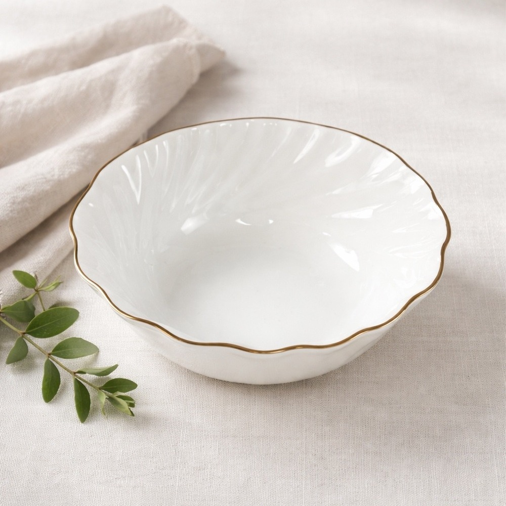 Vintage Christian Dior Swirl Bowl 8.25in White Gold Art de la Table‎ 24K Trim